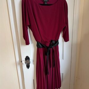 Elegant WHBM Berry Midi Dress with Black Faux Snakeskin Tie Belt